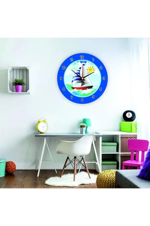 Çocuk Odası Duvar Saati / Gemi ve Deniz Mavi Temalı Duvar Saati / Uv Baskılı / 48 Cm