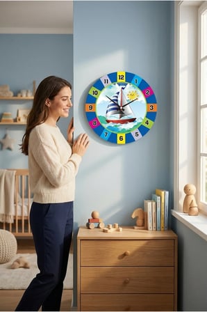 Çocuk Odası Duvar Saati /Renkli Gemi ve Deniz Temalı Duvar Saati / Uv Baskılı / 48 Cm