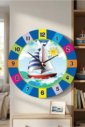 Çocuk Odası Duvar Saati /Renkli Gemi ve Deniz Temalı Duvar Saati / Uv Baskılı / 48 Cm