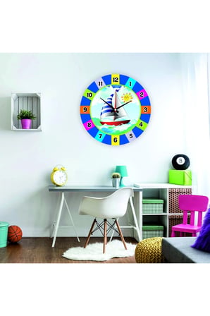 Çocuk Odası Duvar Saati /Renkli Gemi ve Deniz Temalı Duvar Saati / Uv Baskılı / 48 Cm