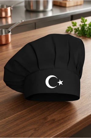 Beyaz Ay Yıldız Baskılı Siyah Şef Aşçı Şapkası, Mantar Kep