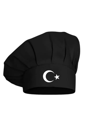 Beyaz Ay Yıldız Baskılı Siyah Şef Aşçı Şapkası, Mantar Kep