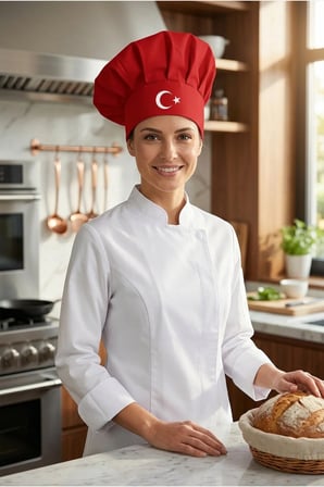 Kırmızı Üzeri Beyaz Çatal Kaşık Logo Baskılı Şef Aşçı Şapkası, Mantar Kep