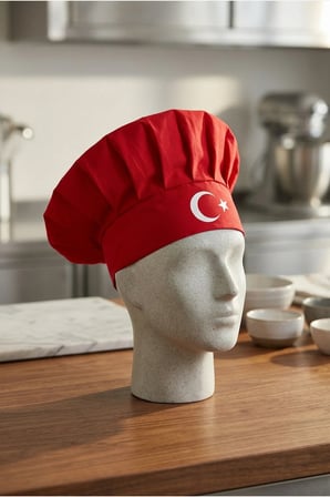 Kırmızı Üzeri Beyaz Çatal Kaşık Logo Baskılı Şef Aşçı Şapkası, Mantar Kep