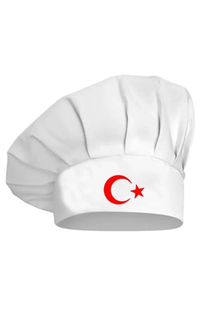 Kırmızı Ay Yıldız Baskılı Beyaz Şef Aşçı Şapkası, Mantar Kep