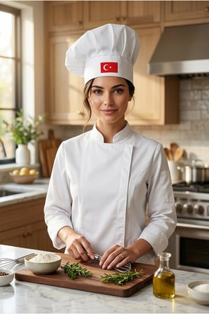 Türk Bayrağı Baskılı Beyaz Şef Aşçı Şapkası, Mantar Kep