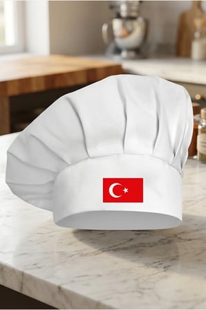 Türk Bayrağı Baskılı Beyaz Şef Aşçı Şapkası, Mantar Kep