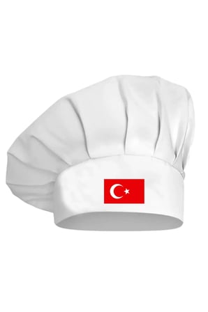 Türk Bayrağı Baskılı Beyaz Şef Aşçı Şapkası, Mantar Kep