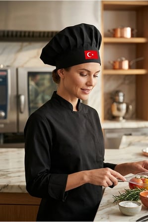 Siyah Türk Bayrağı Baskılı Şef Aşçı Şapkası, Mantar Kep