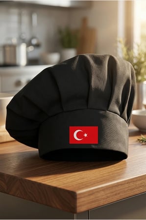 Siyah Türk Bayrağı Baskılı Şef Aşçı Şapkası, Mantar Kep
