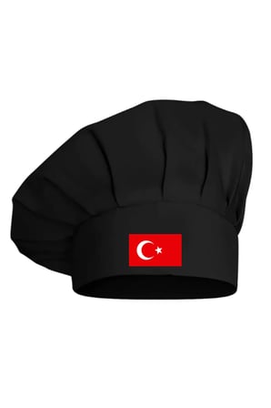 Siyah Türk Bayrağı Baskılı Şef Aşçı Şapkası, Mantar Kep
