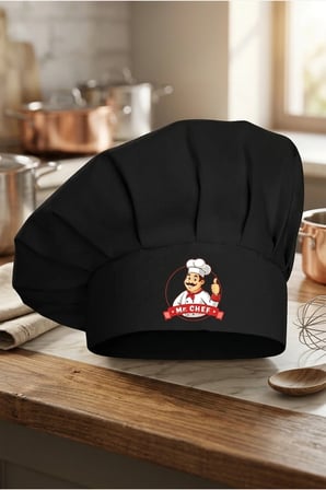 Mr. Chef Logo Baskılı Siyah Şef Aşçı Şapkası, Mantar Kep