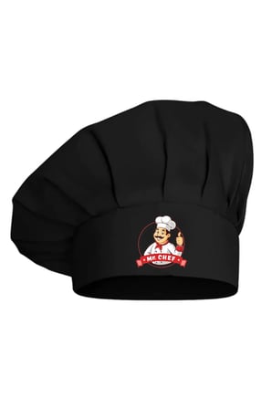 Mr. Chef Logo Baskılı Siyah Şef Aşçı Şapkası, Mantar Kep