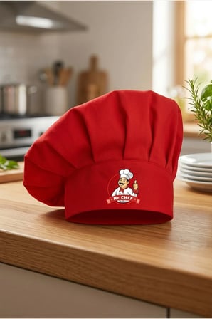 Mr. Chef Logo Baskılı Kırmızı Şef Aşçı Şapkası, Mantar Kep