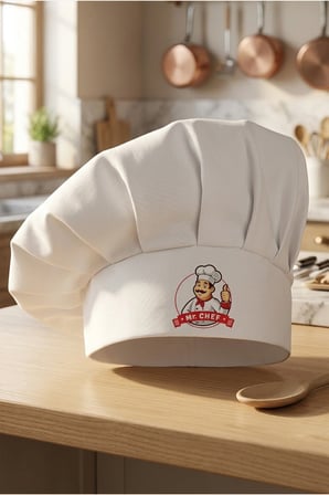 Mr. Chef Logo Baskılı Beyaz Şef Aşçı Şapkası, Mantar Kep