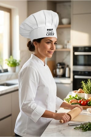Siyah Best Chef Baskılı Beyaz Şef Aşçı Şapkası, Mantar Kep
