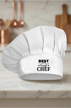 Siyah Best Chef Baskılı Beyaz Şef Aşçı Şapkası, Mantar Kep