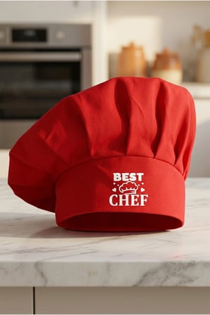 Beyaz Best Chef Baskılı Kırmızı Şef Aşçı Şapkası, Mantar Kep
