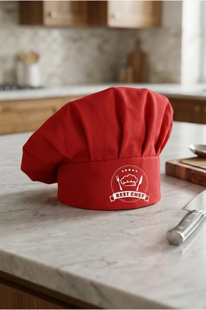 Kırmızı Üzeri Beyaz Best Chef Logo Baskılı Şef Aşçı Şapkası, Mantar Kep
