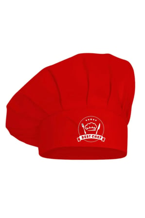 Kırmızı Üzeri Beyaz Best Chef Logo Baskılı Şef Aşçı Şapkası, Mantar Kep