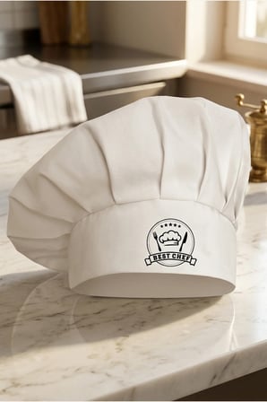 Beyaz Üzeri Siyah Best Chef Logo Baskılı Şef Aşçı Şapkası, Mantar Kep