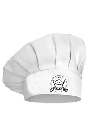 Beyaz Üzeri Siyah Best Chef Logo Baskılı Şef Aşçı Şapkası, Mantar Kep