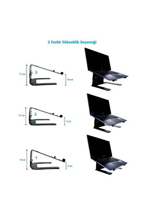 Yükseklik Ayarlı Laptop Standı Notebook Soğutucu Macbook Yükseltici Sehpa-Metal-Siyah