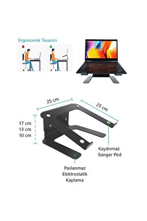 Yükseklik Ayarlı Laptop Standı Notebook Soğutucu Macbook Yükseltici Sehpa-Metal-Siyah