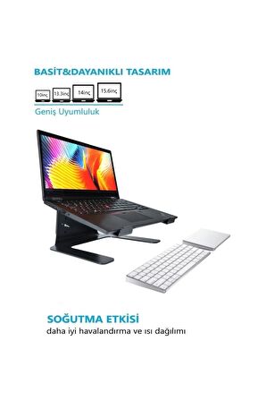 Yükseklik Ayarlı Laptop Standı Notebook Soğutucu Macbook Yükseltici Sehpa-Metal-Siyah