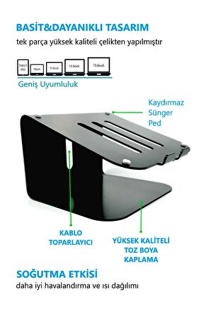 Tüm Markalara Uygun Laptop Standı Notebook Soğutucu-Macbook Yükseltici Sehpa-Metal-Siyah