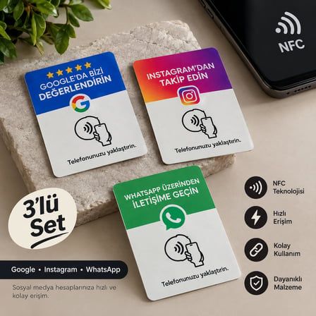 NFC Instagram ve Google Yorum Kartı 2'li Set – WhatsApp İletişim Kartı Hediye