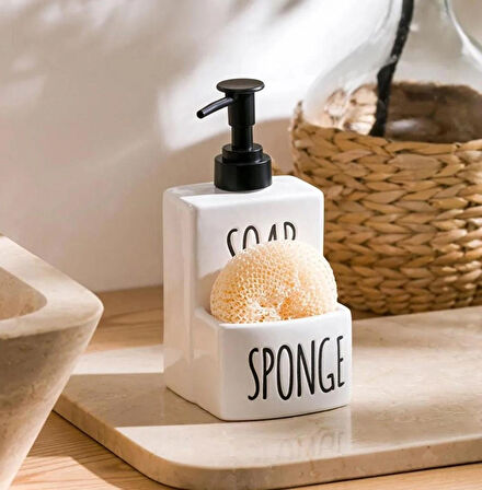  Seramik Sıvı Sabunluk ve Süngerlik | Şık ve Pratik Banyo MUTFAK  17 x 9 cm beyaz renk