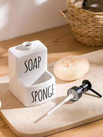  Seramik Sıvı Sabunluk ve Süngerlik | Şık ve Pratik Banyo MUTFAK  17 x 9 cm beyaz renk