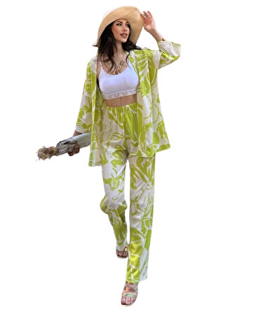 Alt Üst Takım Kimono- Desenli-Yeşil