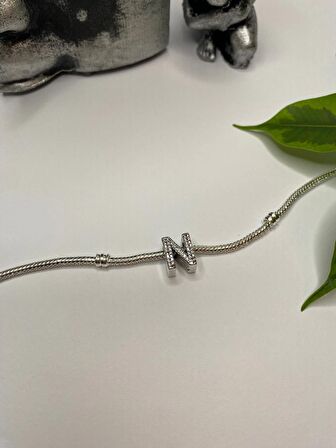 Gümüş s925 Damgalı N Harfi Zirkon Taşlı Charm