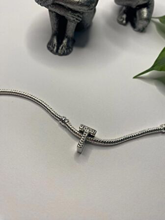 Gümüş s925 Damgalı T Harfi Zirkon Taşlı Charm