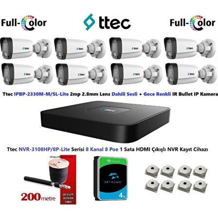  2mp Dahili Sesli ve Gece Renkli 8 Kameralı 4tb Disk Tak Çalıştır Hazır Ip Kamera Seti