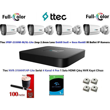 Ttec 2mp Dahili Sesli ve Gece Renkli 4 Kameralı 1tb Disk Tak Çalıştır Hazır Ip Kamera Seti