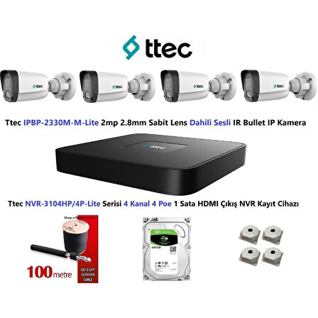 Ttec 2mp Mikrofonlu 4 Kameralı 500GB Disk Tak Çalıştır Hazır Ip Kamera Seti