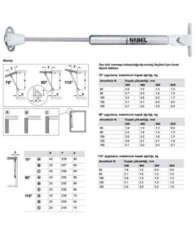 Dolap Amortisörü Gazlı Piston Kapak Hidroliği (27 cm 100N) 4 Adet