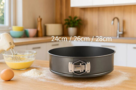 3’lü Metal Kelepçeli Kek Kalıbı Seti 24-26-28 cm Yapışmaz Çıkartılabilir Tabanlı