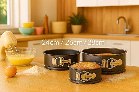 3’lü Metal Kelepçeli Kek Kalıbı Seti 24-26-28 cm Yapışmaz Çıkartılabilir Tabanlı