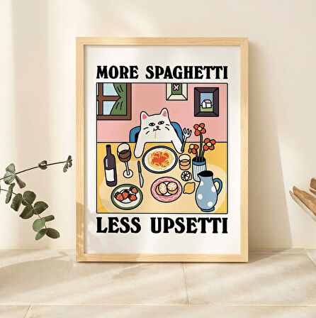 Daha Fazla Spagetti Daha Az Pişmanlık Kedi Baskısı, Retro Lokanta Posteri, Bistro Yemek Makarna Posterleri