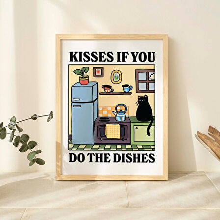 Bulaşıkları Yıkarsan Öpücükler Kedi Baskısı, Retro Lokanta Posteri, Bistro Yemek Odası Mutfak Posterleri