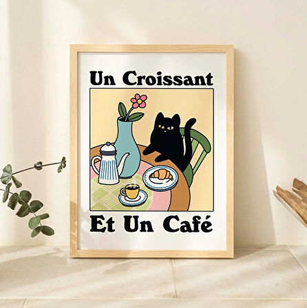Fransız Cafe Kruvasan Kedi Baskı, Retro İçecek Posteri, Bistro Kahve Posterleri, Un Cafe Sil Vous Plait