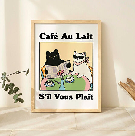 Fransız Cafe Au lait Kedi Baskı, Retro İçecek Posteri, Bistro Kahve Posterleri, Un Cafe Sil Vous Plait