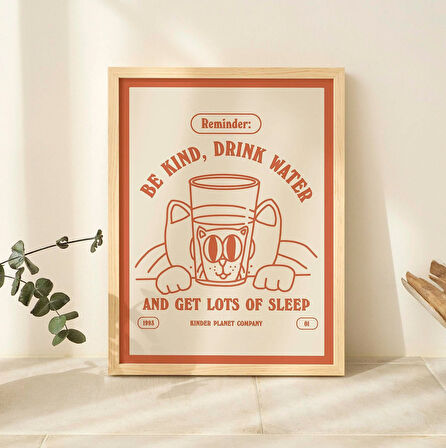 Retro Kedi Su Baskısı, Nazik Ol Su İç Alıntısı, Kendine Bakım Posteri, Olumlama Baskıları