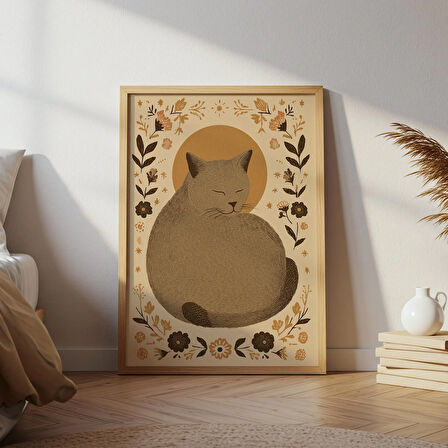 Halk Sanatı Uyuyan Kedi: Cottagecore Çiçek İllüstrasyonu (& 20x28 İnç)