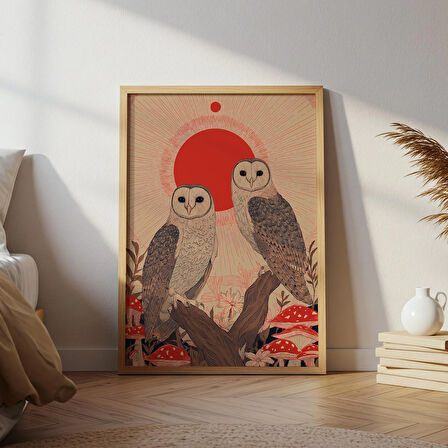 İki Baykuş Halk Sanatı: Vintage Ahşap Baskı Tarzı (