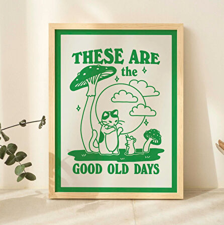 Kedi ve Fare Mantar Baskısı, Eski Güzel Günler Baskısı, Retro Turuncu Yeşil Poster